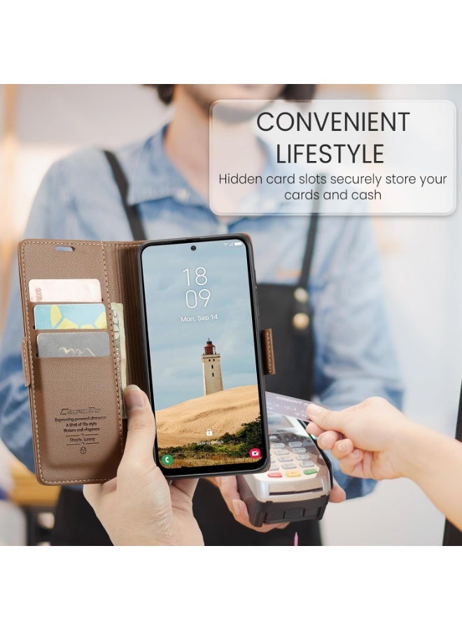 كيس مي غطاء حالة سامسونج غالاكسي A57 ، PU جلد محفظة Flip ، رقيقة وخفيفة الوزن ، مع حظر RFID ، حامل البطاقة ، وظيفة الوقوف ، واقية مقاومة للصدمات ، دعم الشحن اللاسلكي ، ملحقات الجوال (البنية) - Image 4